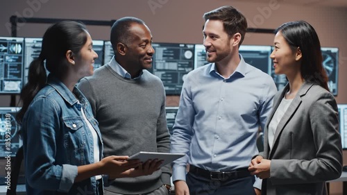 Diverse Business Team Collaborating on Tablet in Control Room