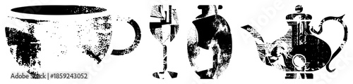 Teacup wine glass vase teapot set distressed black vector