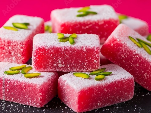 Rose flavored pink turkish delight with sugar and pistachio