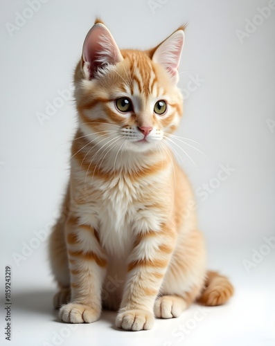 Cute tabby kitten sitting calmly and looking at the camera, isolated on a clean light background. Perfect for pet, animal, cute, and lifestyle concepts.