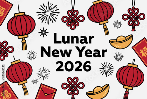 A festive illustration for Lunar New Year 2026 with red lanterns, fireworks, Chinese knots, gold ingots, and red envelopes on a light background.