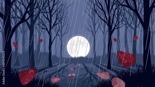 Mysterious moonlit forest with red leaves falling in rain