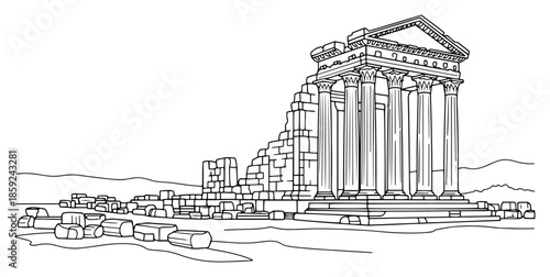 Ancient greek temple ruins vector illustration featuring classical architecture with columns and broken stones in monochrome line art sketch style