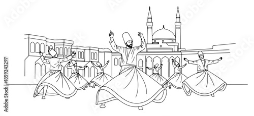 Whirling Dervishes Sufi Dance Line Art Vector In Front Of Mosque