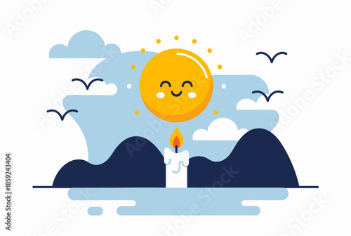 A cheerful cartoon sun shines above a lit candle nestled between dark mountains, with birds flying in a blue sky.