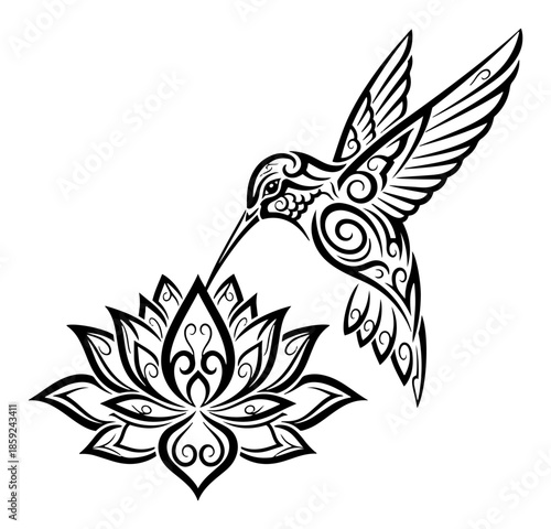 Tribal Hummingbird Hovering over Lotus Flower – Elegant Decorative Line Art Vector Tattoo Design
