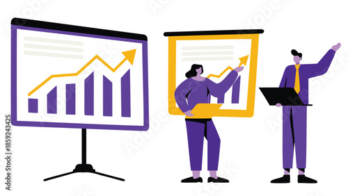 Business team analyzing revenue growth charts on presentation screens in a modern office setting