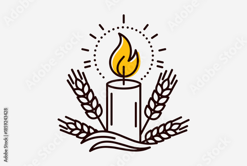 A line art illustration of a lit candle with a yellow flame and radiating light, flanked by wheat stalks, symbolizing spirituality and harvest.