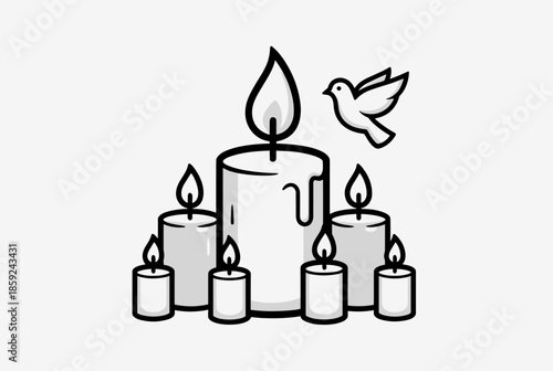 Black and white illustration of multiple lit candles and a flying dove symbolizing peace and remembrance.