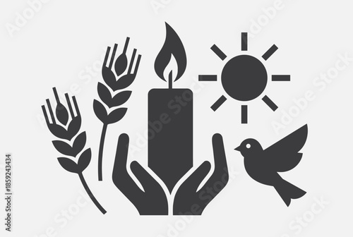 A symbolic illustration featuring hands holding a burning candle, flanked by wheat stalks, a sun, and a flying dove, representing peace, hope, and nature.