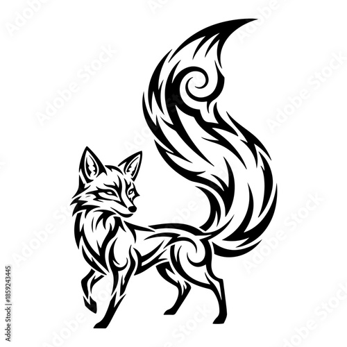 Stylized tribal fox tattoo design vector illustration showing an elegant animal silhouette with decorative swirl patterns in black and white