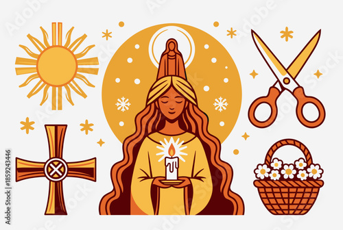 A collection of cultural and religious symbols including a woman holding a candle, a sun, a cross, scissors, and a flower basket.