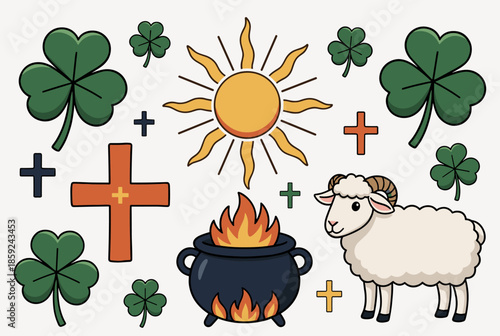 Irish cultural and religious symbols set featuring shamrocks, crosses, sun, cauldron, and a sheep illustration.