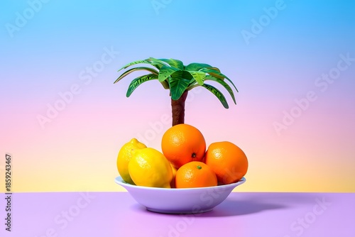 A small plastic palm tree sits among fresh oranges and lemons in a white bowl
