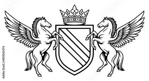 Royal heraldic coat of arms vector illustration featuring a striped shield with a crown flanked by two winged pegasus horses in linear style