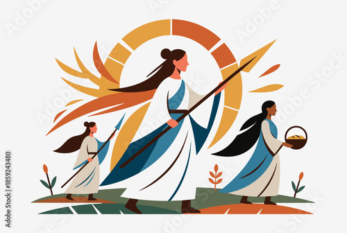Three women in flowing robes, two with spears and one with a basket of food, walking together in an illustrative, flat design style.