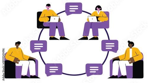 Diverse team collaborating in a virtual meeting with digital chat bubbles connecting them in a circular flow