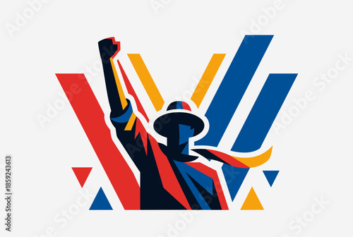 A stylized graphic illustration of a person with a raised fist, symbolizing revolution, protest, or victory, against a background of geometric shapes.