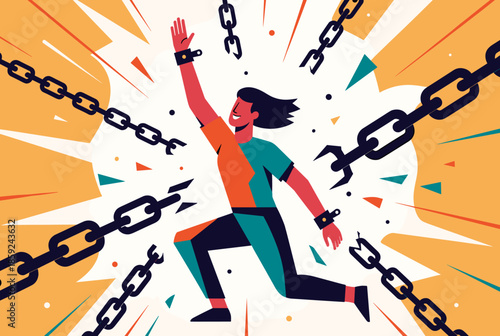 A person breaking free from chains, symbolizing liberation, freedom, and overcoming obstacles with a burst of energy.