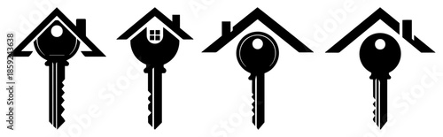 House Key Logo Set Line Art Vector – Real Estate Icons With Roof Silhouette
