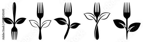 Set of organic food logos featuring forks combined with plant leaves vector illustration collection for vegan or vegetarian restaurant identity