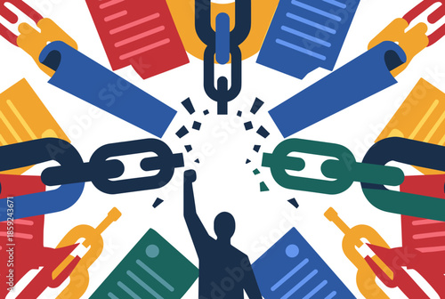 A person breaking free from chains and documents, symbolizing liberation and overcoming obstacles and systemic barriers.