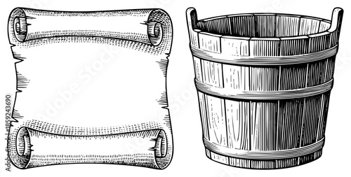ancient scroll and wooden bucket vector illustration