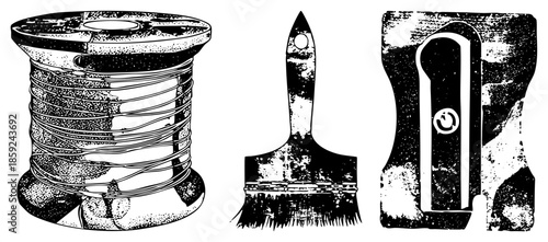 thread spool paintbrush and tool isolated