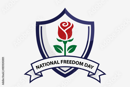 A graphic emblem for National Freedom Day featuring a red rose inside a shield with a banner below.