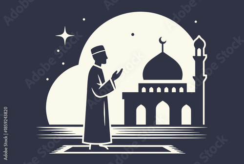 A man in traditional attire praying on a mat in front of a mosque under a starry night sky, depicting Islamic worship.