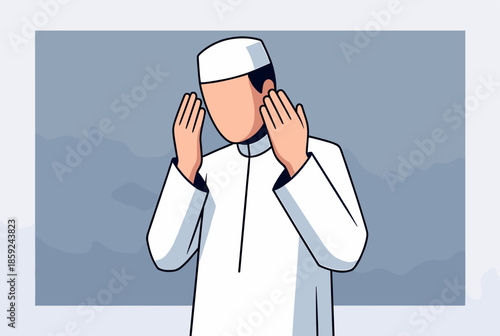 A Muslim man in traditional attire performing the Takbir al-Ihram, initiating prayer with hands raised to ears.