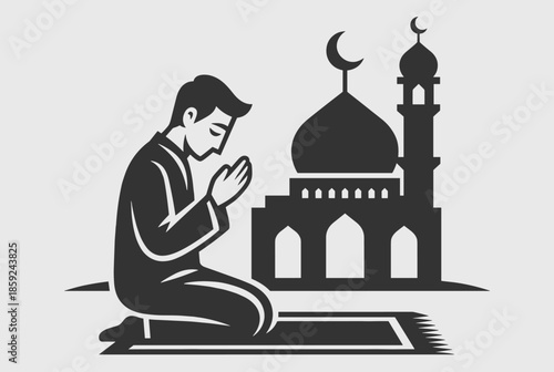 A monochrome illustration of a man kneeling on a prayer mat, with hands clasped in prayer, next to a mosque silhouette with a crescent moon.