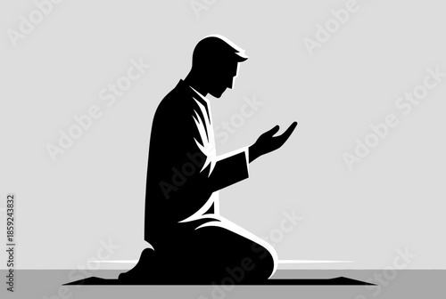 A silhouette of a man kneeling in prayer or meditation, with hands open in a gesture of devotion, against a simple grey background.