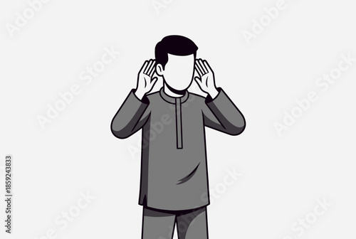 An illustration of a man performing the Takbir, raising his hands to his ears at the beginning of Islamic prayer, wearing traditional attire.