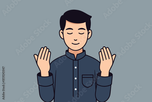 A man with closed eyes and raised hands in a prayer gesture, wearing a traditional shirt.