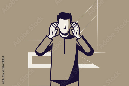 Stylized illustration of a man standing with hands raised to his ears, set against an abstract geometric background.