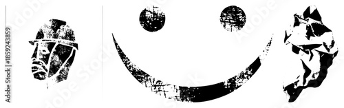 Three stylized black and white vector helmeted face, face, crumpled paper