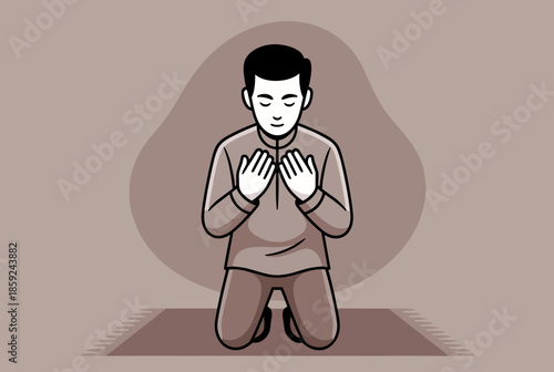 An illustration of a man kneeling on a prayer mat with hands raised in prayer, depicting a moment of devotion and worship.