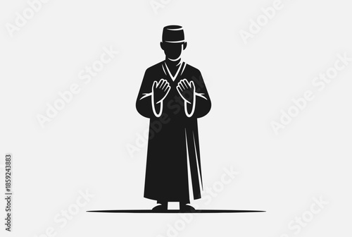 A man in traditional attire praying, a silhouette representing Islamic worship and devotion.