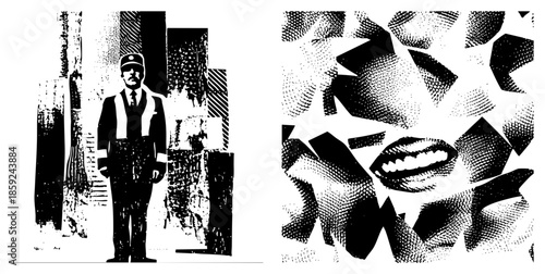 Security guard standing urban street halftone