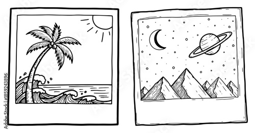 Hand drawn instant photo frames featuring tropical beach with palm tree and mountain landscape with planet and stars vector line art illustration