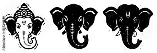 Stylized elephant head and Lord Ganesha face vector illustration set suitable for tattoo or spiritual logo design