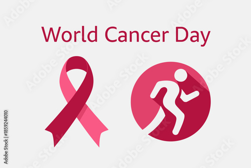 World Cancer Day awareness illustration with pink ribbon and running person icon, symbolizing support and health.
