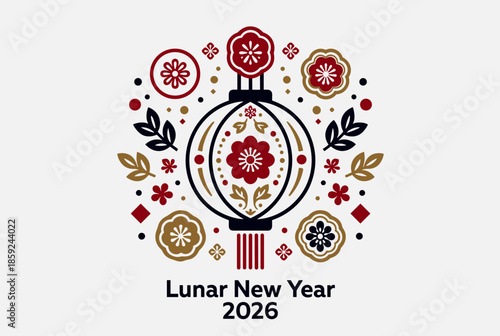 Stylized illustration for Lunar New Year 2026 featuring a traditional lantern surrounded by intricate floral and leaf patterns in red, gold, and black colors.