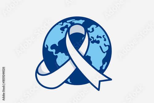 A blue globe with a light blue awareness ribbon wrapped around it, symbolizing global health and support for various causes worldwide.