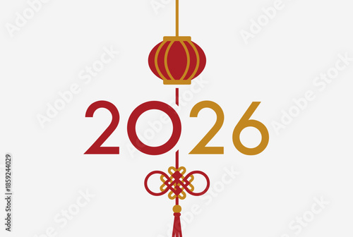 A festive illustration for the year 2026 featuring a traditional red and gold Chinese lantern and knot design.