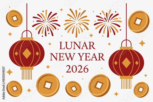 Vibrant illustration celebrating Lunar New Year 2026 with traditional red lanterns, sparkling fireworks, and lucky gold coins on a festive background.