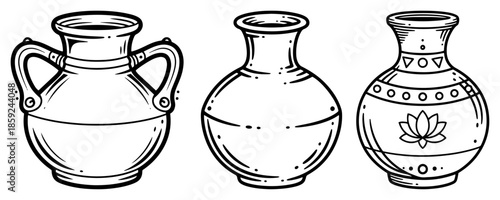 Ancient Ceramic Vase Set Line Art Vector – Decorative Amphora Pottery Collection