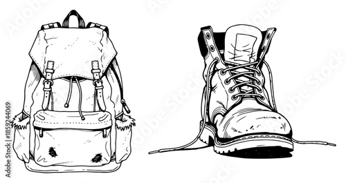 Vintage Hiking Backpack and Sturdy Boot – Detailed Hand Drawn Sketch Vector Illustration