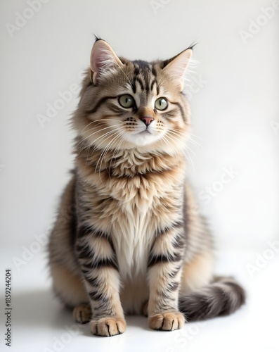 Cute tabby kitten sitting calmly and looking at the camera, isolated on a clean light background. Perfect for pet, animal, cute, and lifestyle concepts.